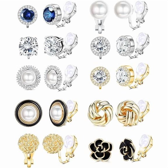 ZLC 10 Pairs Clip Earrings for Women Clip On Earrings for Non Pierced CZ Flower Simulated Freshwater Pearl Twist Knot Clip Earrings Sets Gold Silver Tone