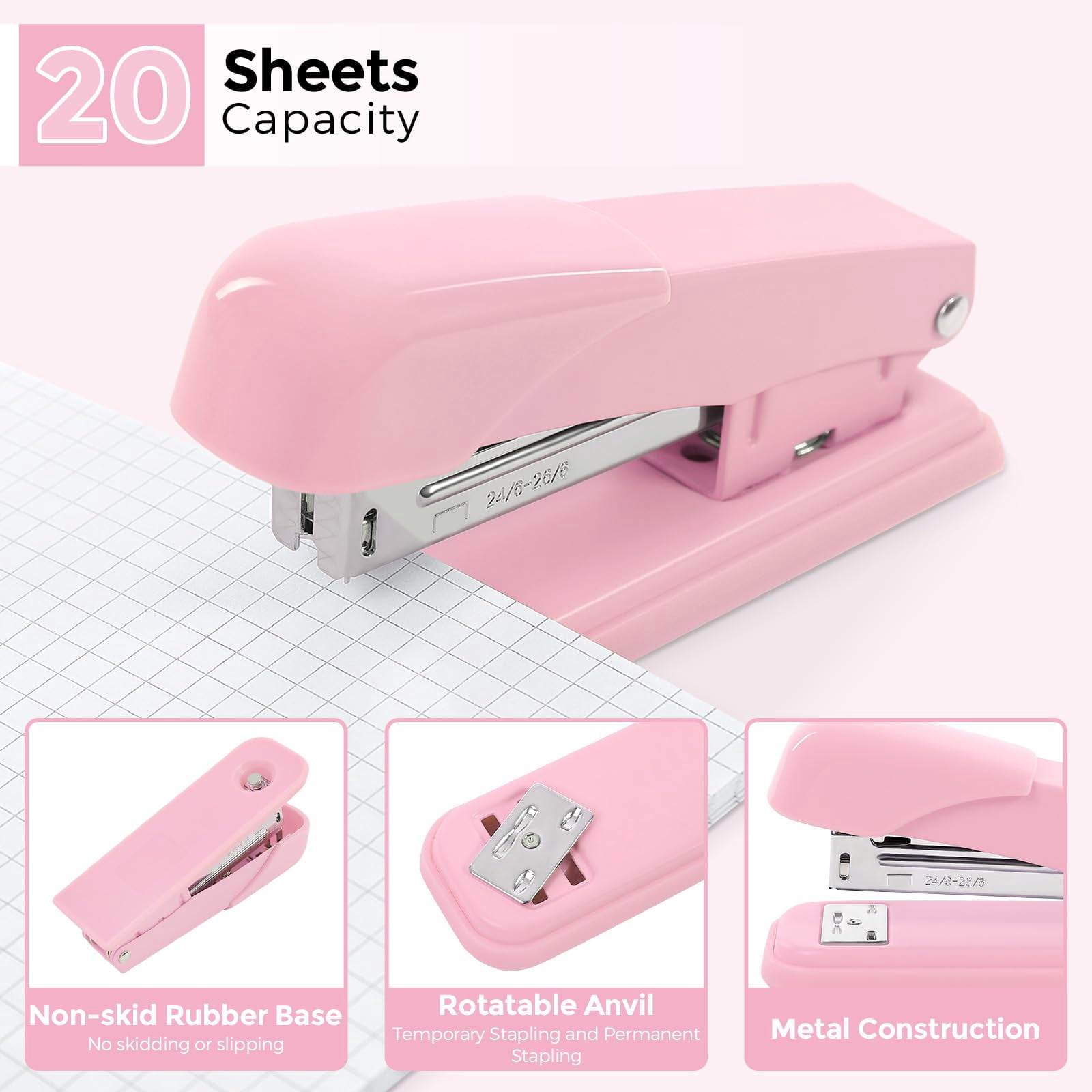 Pink Office Supplies Set  Pencil Holder For Desk Gel Pen Stapler Tape Dispenser Clips And 1000pcs Staples Decor Women Accessories