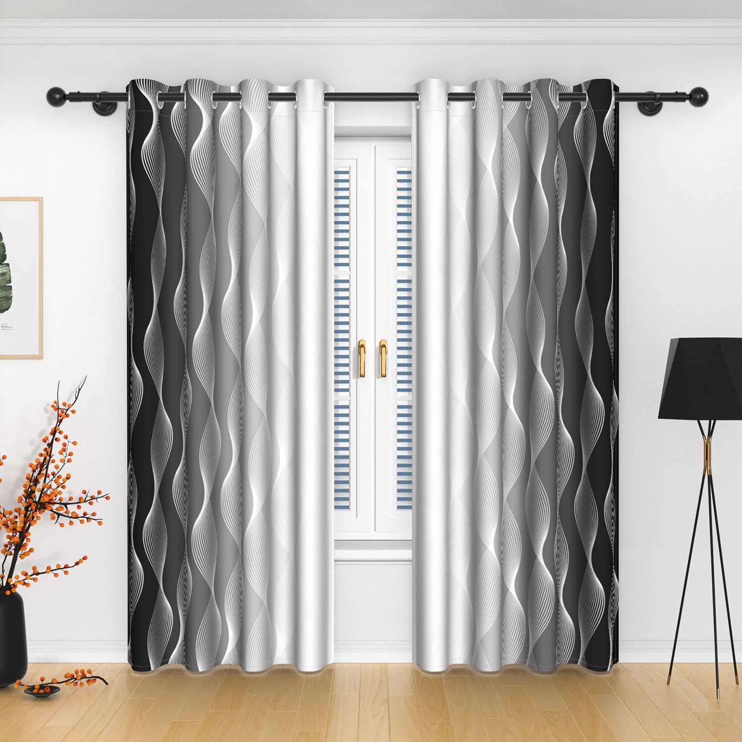 Lfeey Black and White Textured Blackout Curtains for Bedroom 84 inch Long, Insulated Grommet Curtains, 2 Panel