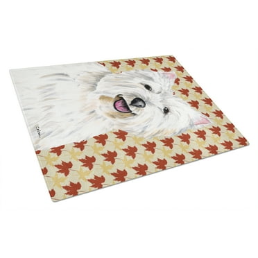Westie Fall Leaves Portrait Glass Cutting Board Large