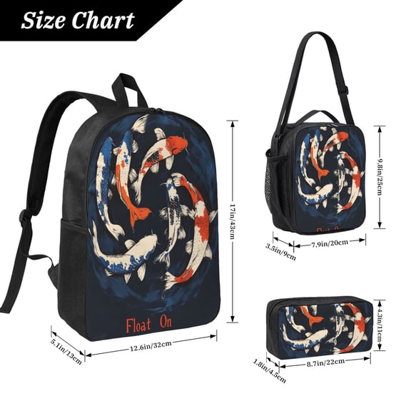 FishPattern Backpack 17 Inch Set with Lunch Bag and CaseDurableTravel Bag Combo for Work Commuting Daily Use