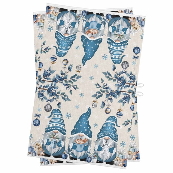 Blue Christmas Kitchen Towels Set of 2, Water Absorbent Dish Towel, Xmas Gnomes Balls Tree Snowflake Gifts Decorative Hand Towels - Quick Drying Cloth for Cooking Baking, 18x28 Inch