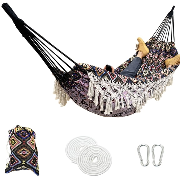 Portable Black/White Tassel Hammock, XX-Large 2-Person Brazilian Cotton Hammock with Carry Bag for Outdoor Travel, Max Load 450Lbs(brown)