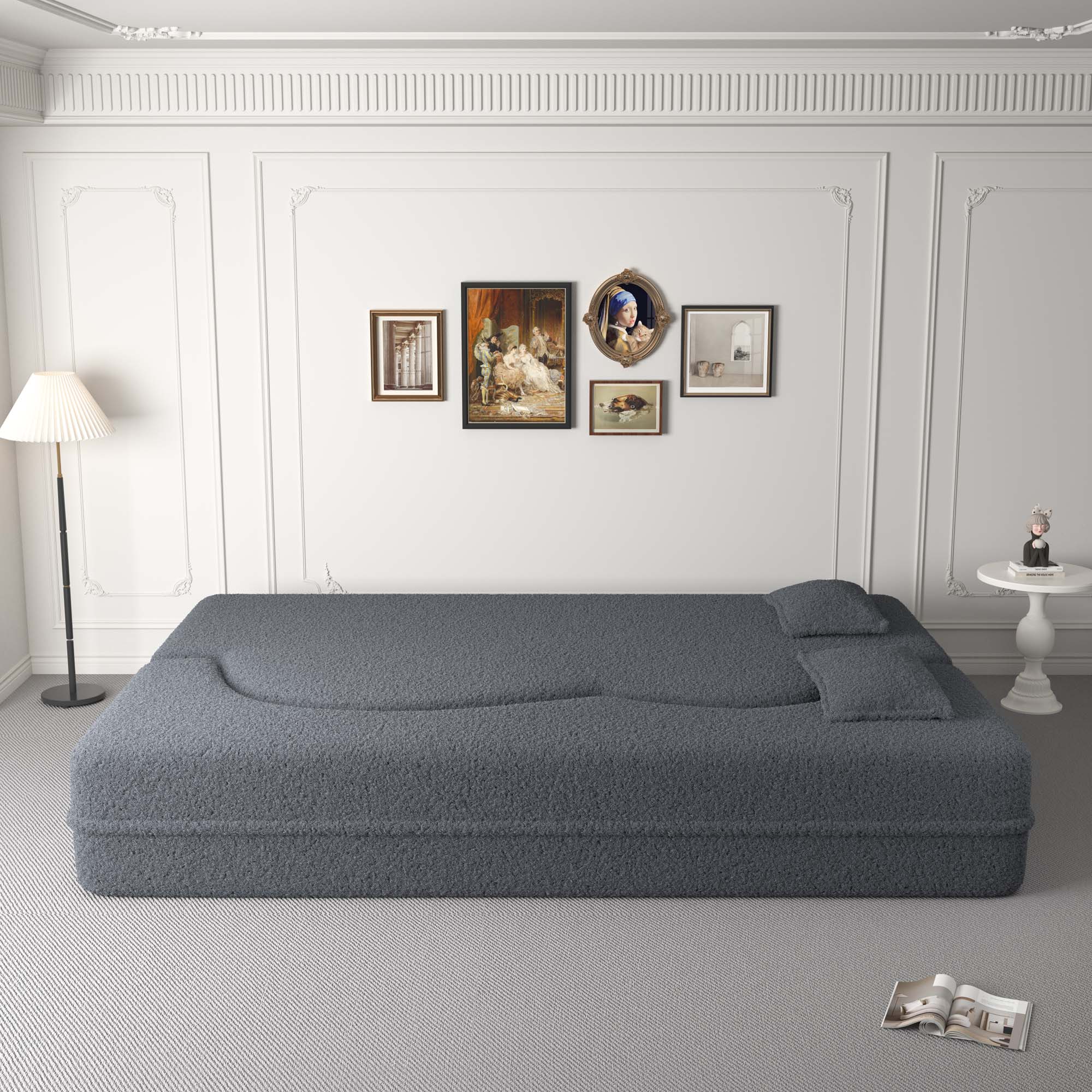 Miniyam Floor Sofa with 2 Pillows, Convertible Teddy Fabric Foam-Filled Sleeper Sofa Bed, Grey