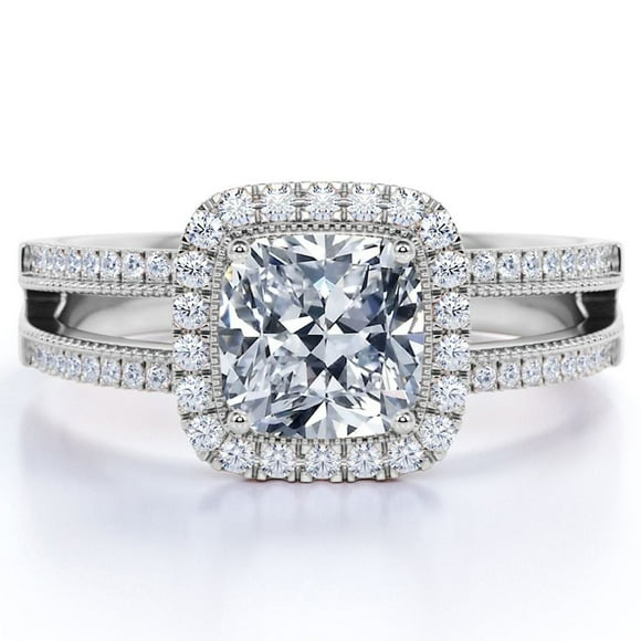 JeenMata Anillo de Compromiso Estilo Vintage con Diamante Real de Talla Cojín Anillo con Halo y Cuerpo Dividido, Oro Blanco de 10 K