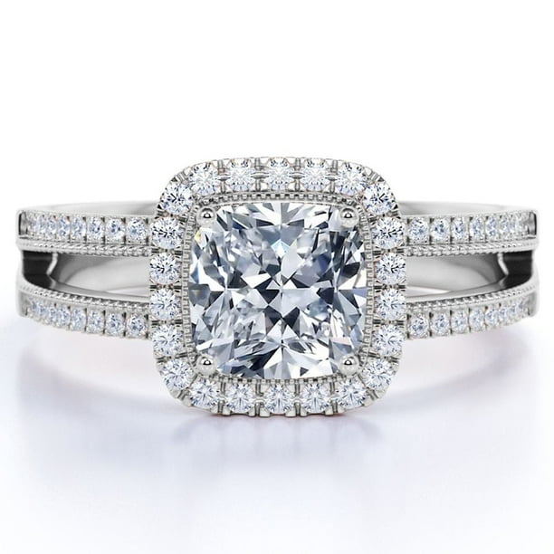 JeenMata Anillo de Compromiso Estilo Vintage con Diamante Real de Talla Cojín Anillo con Halo y Cuerpo Dividido, Oro Blanco de 10 K