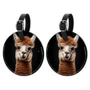 Alpaca 2Pcs PU Leather Round Luggage Tags with Privacy Cover and Name ID Tag for Suitcase, Handbags, Backpacks, School Bags