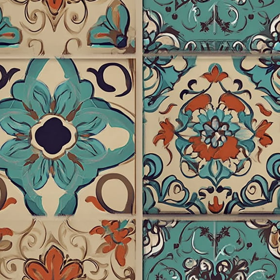 Mexican Peel and Stick Wallpaper Vintage Floral Ceramic Tile Turquoise Orange Beige Wall Mural 17.7in x 9.8ft Self Adhesive Removable Wall Paper Renter Friendly Wallpaper for Nursery Bedroom Cabinets