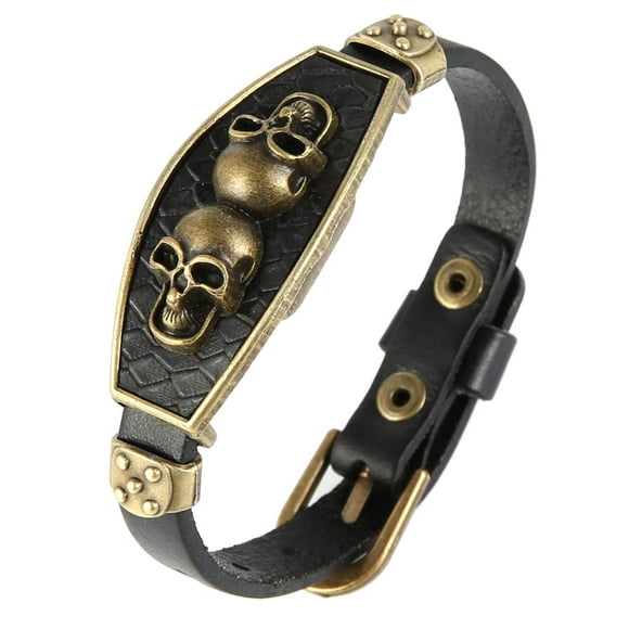 STWTR Punk Alloy Leather Bracelet Men's Fashion Personality Bracelet Wristband Adjustable Black (Human skeleton)