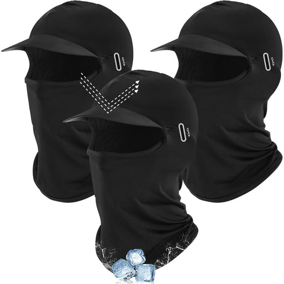 3 Pcs Summer Balaclava Cooling Mask Breathable Ice Silk Full Face Helmet Liner with Brim and Reflective Glasses Hole UV Protection Hood Neck Gaiter for Man Women Cycling Fishing Sports, Black