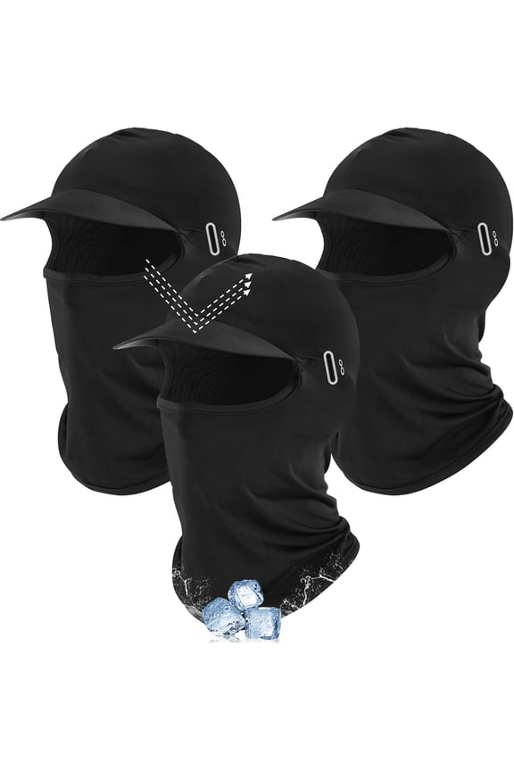 3 Pcs Summer Balaclava Cooling Mask Breathable Ice Silk Full Face Helmet Liner with Brim and Reflective Glasses Hole UV Protection Hood Neck Gaiter for Man Women Cycling Fishing Sports, Black
