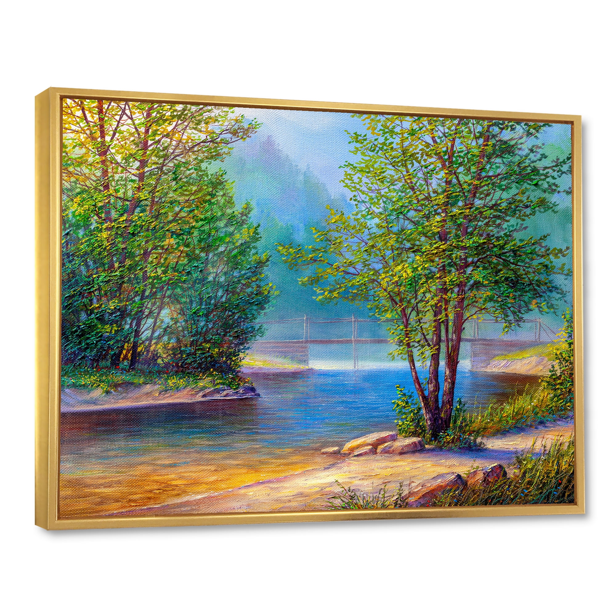 Designart 'Green Trees By The Bridge Over River' Traditional Framed Canvas Wall Art Print
