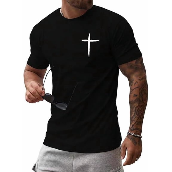 Greenink Men's Cross Print Short Sleeve T Shirt Crewneck Tee Shirts Unisex Graphic Printed Religious Christian T-Shirt Gifts Tops Black