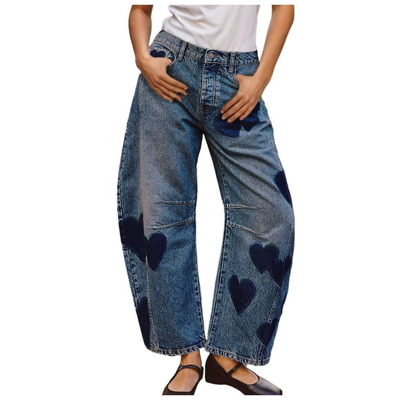 Xuewenshw Barrel Jeans For Women Mid Rise Heart Printed Denim Ankle Pants Vintage Baggy Boyfriend Jeans Womens Casual Pants Drawstring