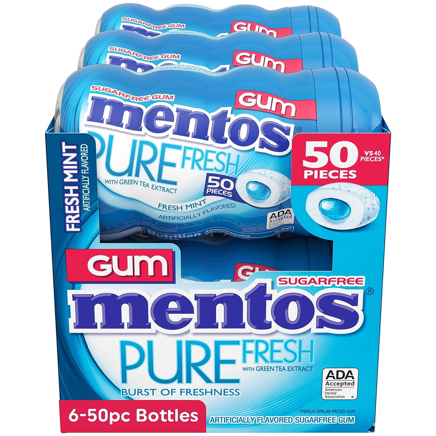 Mentos Pure Fresh Gum Fresh Mint 50 Piece Curvy Bottle - Pack of 6