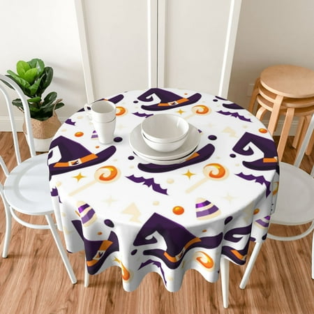 

60-Inch Round Halloween Tablecloth - Pumpkin & Witch Hat Design Polyester Fabric