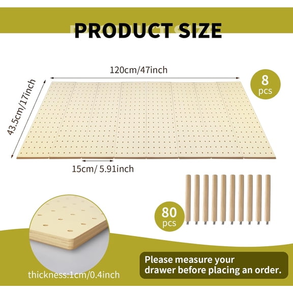 8 Pcs Wood Pegboard Drawer Organizer with 80 Adjustable Pegs for Kitchen Utensils and Dishes Storage