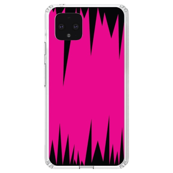 DistinctInk Clear Shockproof Hybrid Case for Google Pixel 4 XL (6.3" Screen) - TPU Bumper, Acrylic Back, Tempered Glass Screen Protector - Neon Pink Black Spikes