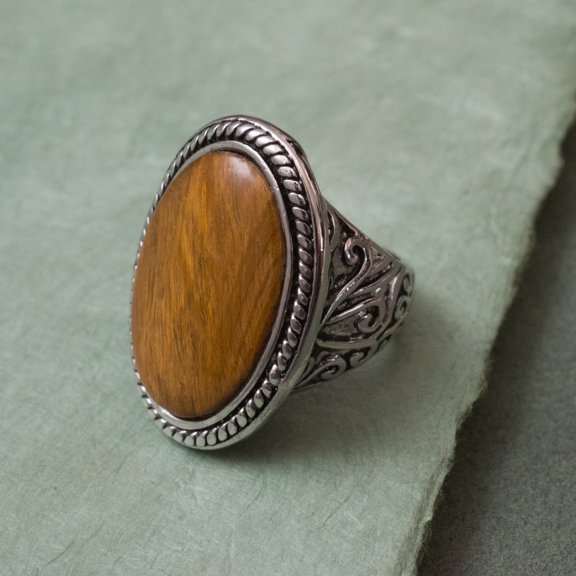 Vintage Style Oval Tiger Eye Statement Ring with Ornate Band, Size 12 Jewelry Ring Silver