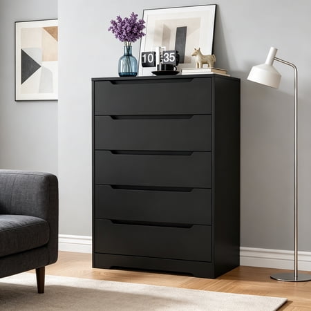 5 Drawer Dressers Modern Chest of Drawers Large Organizer Wood Accent Storage Cabinet for Living Room Home Office Entryway Black