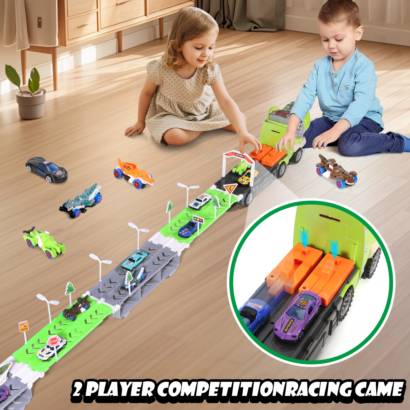 ToyM Dinosaur Truck Toys  for 3 4 5 Years Old Boys, Toddler, Foldable Track & 2 Player Race Mode, Light & Sound, 5-FT Race Track and 8 Die-Cast Metal Toy Cars and 4 dinosaur cars & 13 Accessories