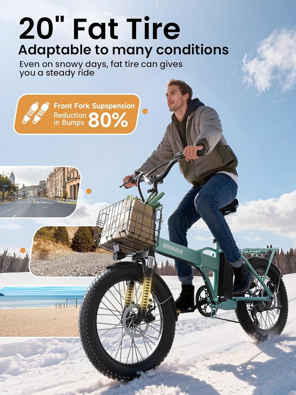 Folding Electric Bikes for Adults 1000W Peak Motor up to 70 Miles Range 28 mph Max Speed 20" x 3.0" Fat Tire Foldable Ebikes 48V 13.5AH Removable Battery 7-Speed E-Mountain Bikes, UL2849 by SGS
