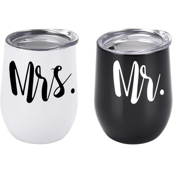 Mr and Mrs Wine Tumbler Set, Wedding Wine Tumbler, 12 Oz Insulated Stainless Steel Wine Tumbler for Newlyweds Couples Wife, Wedding Tumbler Idea for Bridal Showers Engagement, Set of 2