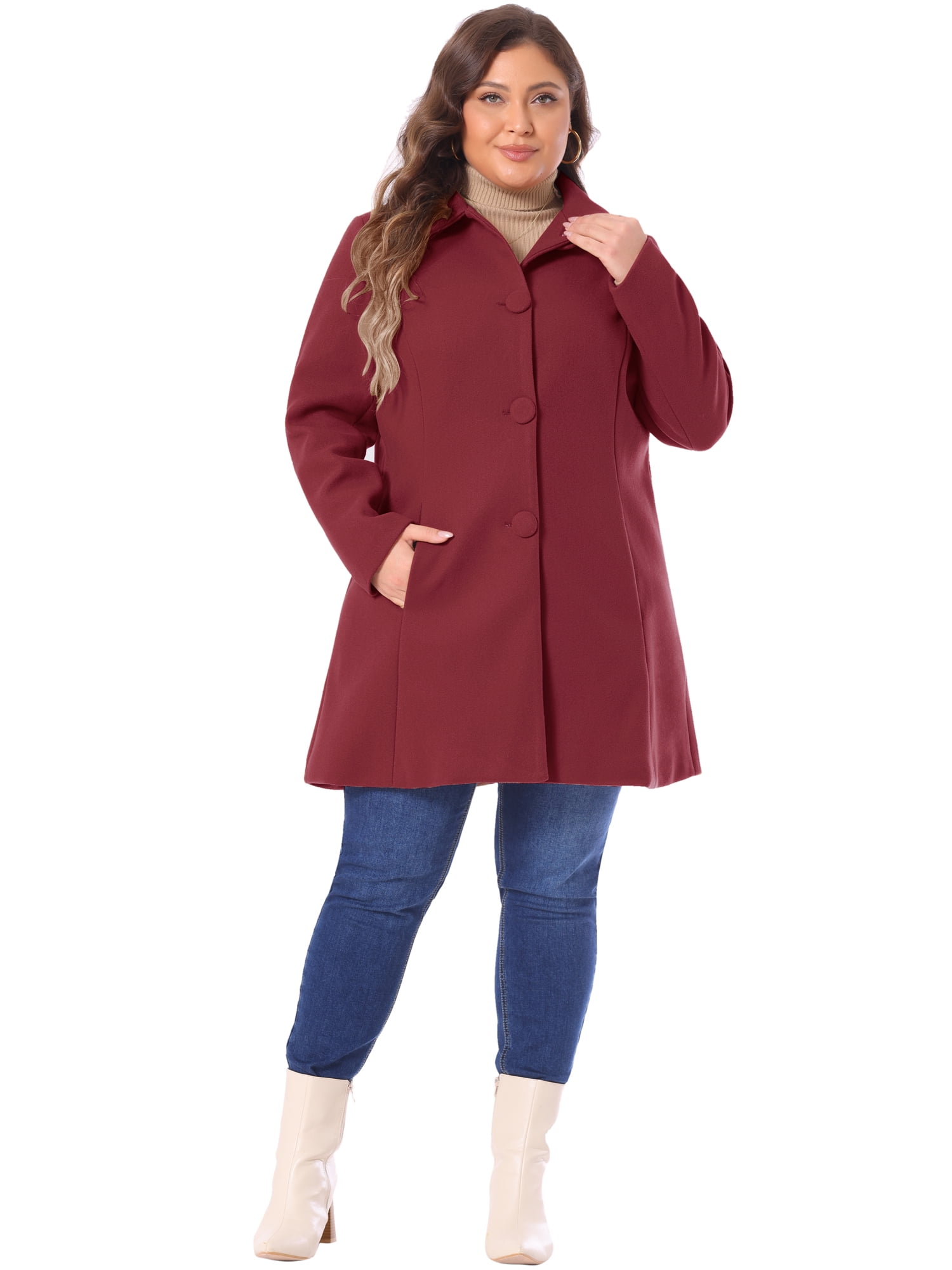 DARING DIVA Women's Plus Size Button Down Single Breasted Peacoat Long Coat 4X Burgundy