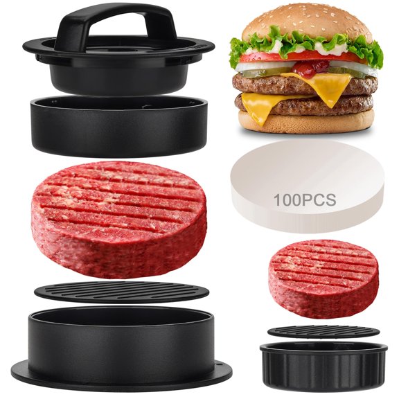 3 in 1 Stuffed Burger Press Patty Maker Rings Molds Kit,Non Stick Stuffer Hamburger Press Patty Maker - with 100 Pcs Wax Hamburger Patty Paper,Sausage Patty Press for Slider/Pattie/Grilling