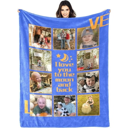 AISENIN Custom Blanket With Photo Text I Love You to The Moon and Back Blankets Personalized Throw Blanket Customized Picture Blankets Gift For Baby Kids Boys Girls Mother Father Friends Lovers Dogs