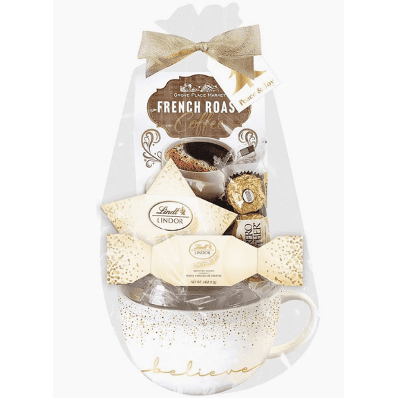 Lindt Lindor Holiday "Believe" Chocolate Coffee Mug Deluxe Gift Set with French Roast Coffee, Ferrero Rocher, and Lindt Truffles, 3.5 oz