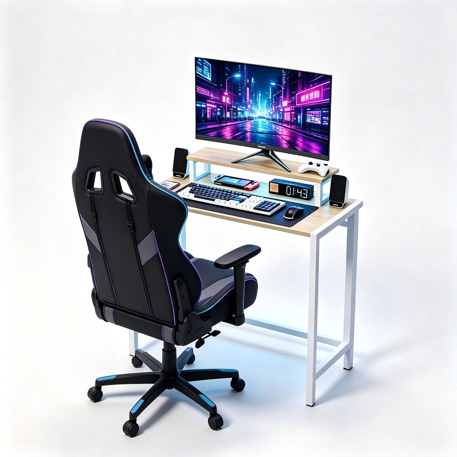 31.5" Computer Desk with Desktop Shelf and RGB Lighting, Foldable, Teak & White