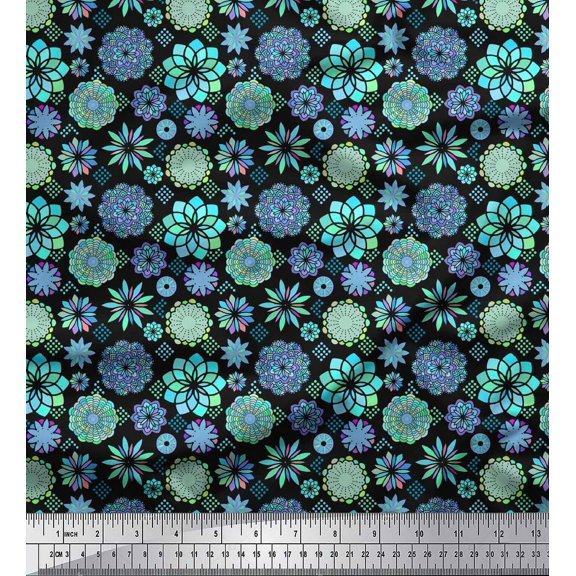 Soimoi Black Cotton Duck Fabric Blue Mandala Decor Fabric Printed Yard 42 Inch Wide