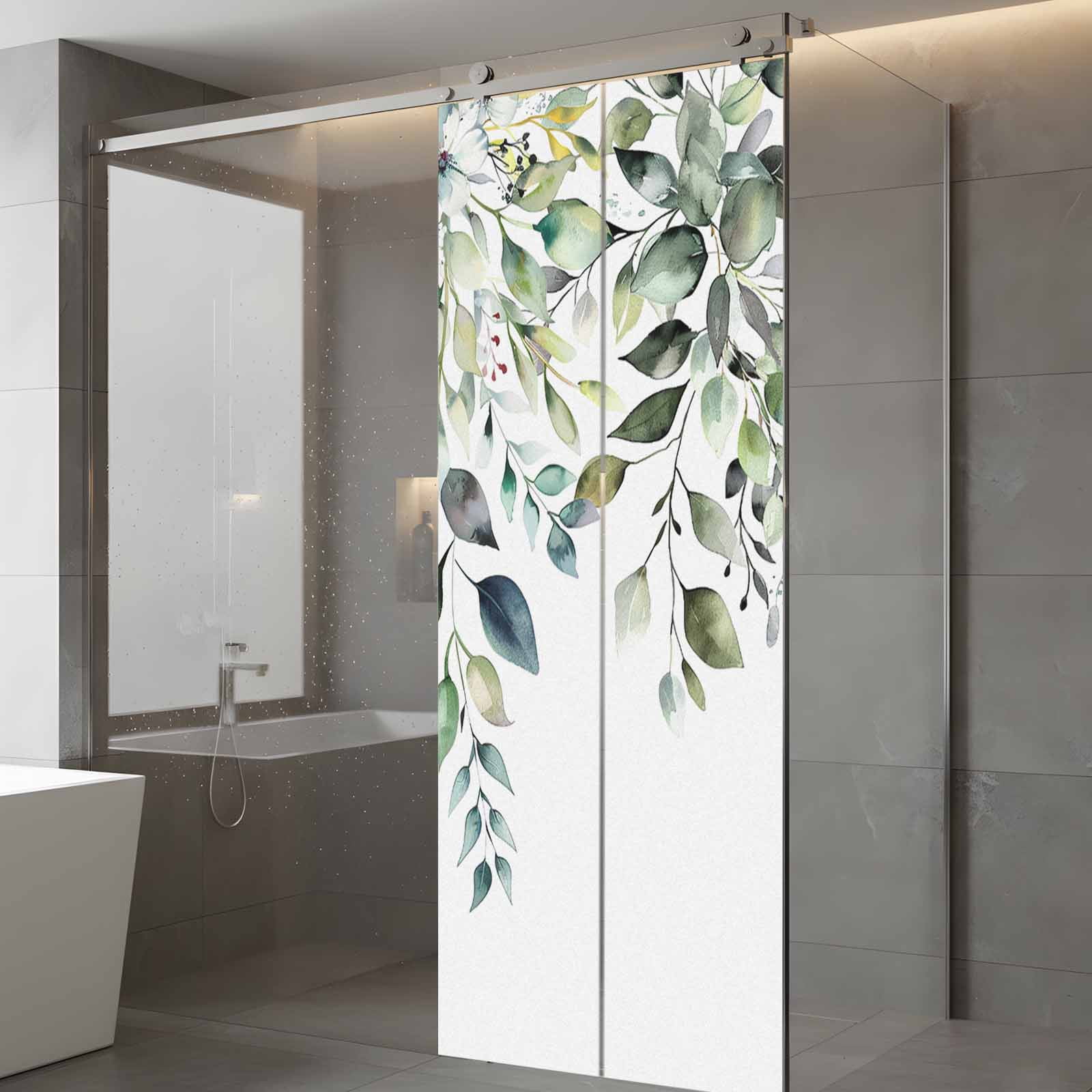Eucalyptus Leaves Window Privacy Film, Watercolor Weeping Teal Botanical Static Cling UV Sun Blocking Tint Film Heat Control Windows Films for Bedroom Bathroom, Window Stickers 23.6"x59"