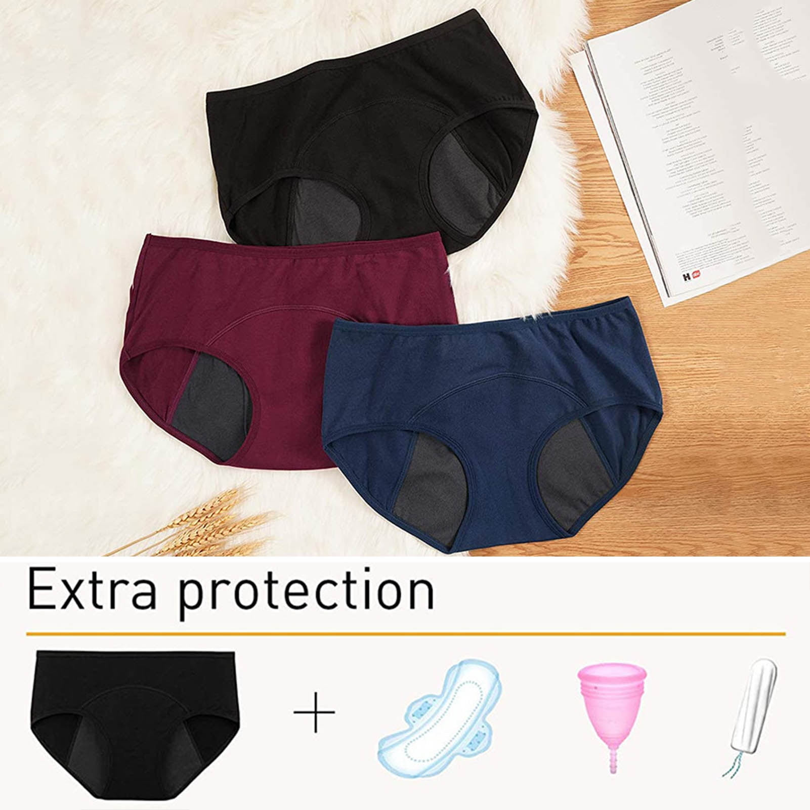 TIICHOO Period Underwear for Women Silky Soft Absorbent Hipster Panties  Teen Menstrual Underwear 3 Pack (Large, Black/Burgundy/Charcoal Gray)