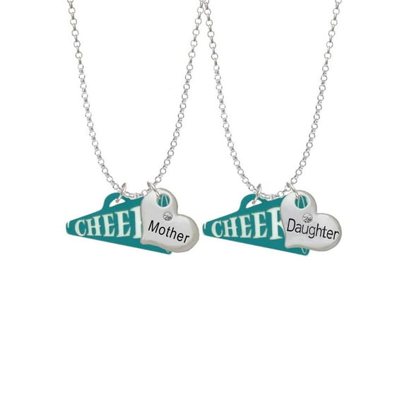 Delight Jewelry Acrylic 1.25" Teal Cheer Megaphone Mother & Daughter Heart Necklaces (Set of 2), 19" 2"