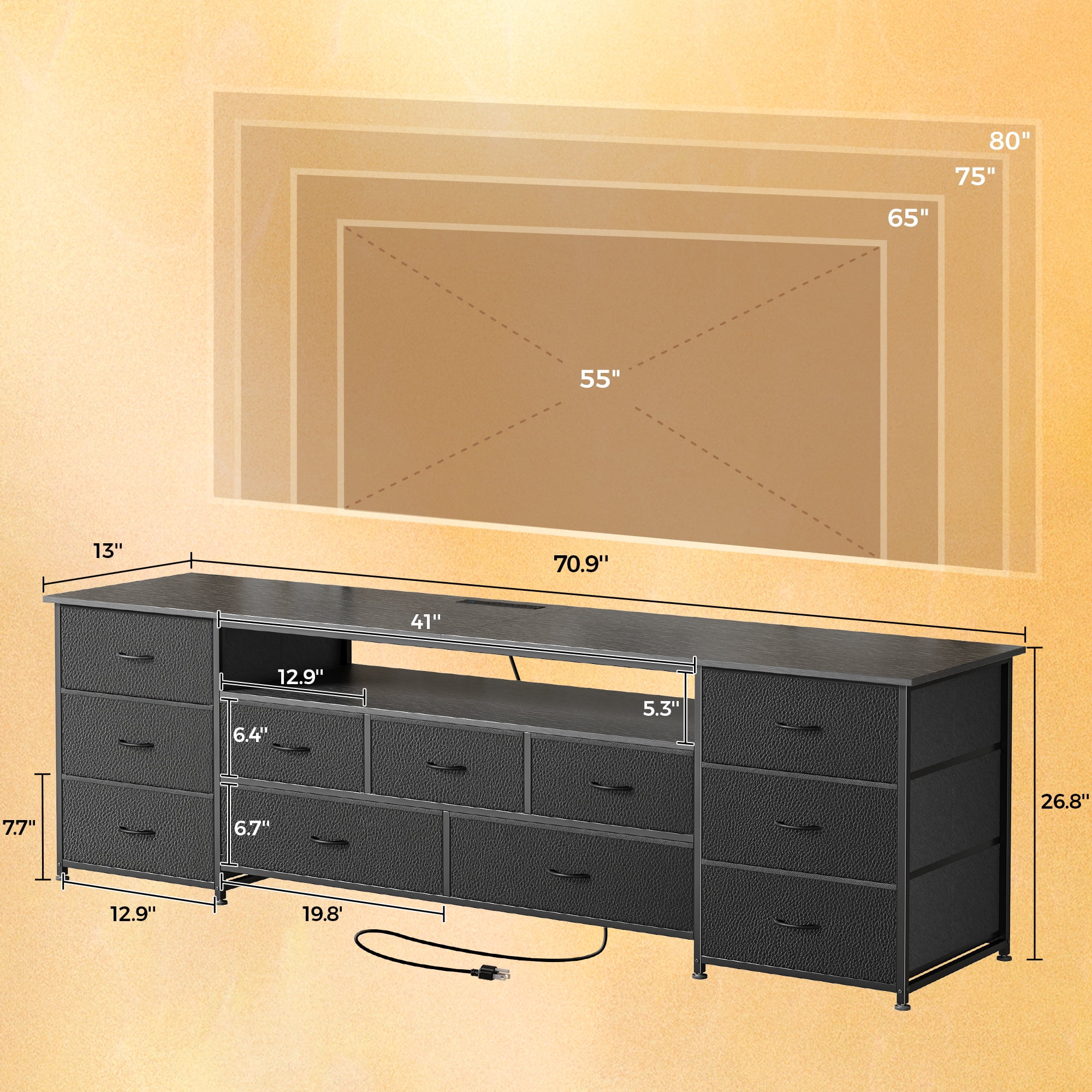Amadwell Large TV Stand for 75, 80 Inch TVs, 11 Drawer Long Dresser with Power Outlets & LED Lights, 70 inch Entertainment Center
