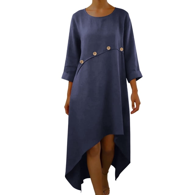 Vestido de Manga 3/4 para las Mujeres Color Sólido Suelto Lino Irregular Doblado, Casual Cuarto de Manga Vestido para las Mujeres Cuello Redondo Verano Confort Superior