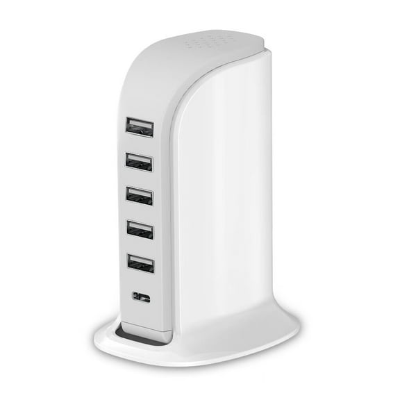 Charging Station for Multiple Devices 40W Upoy,Wall Charger Block 5 USB Ports(Shared 6A),USB Charging Hub Smart IC,Charger Tower with Type-C 3A for iPhone iPad Tablets Smartphones,Home Office Use