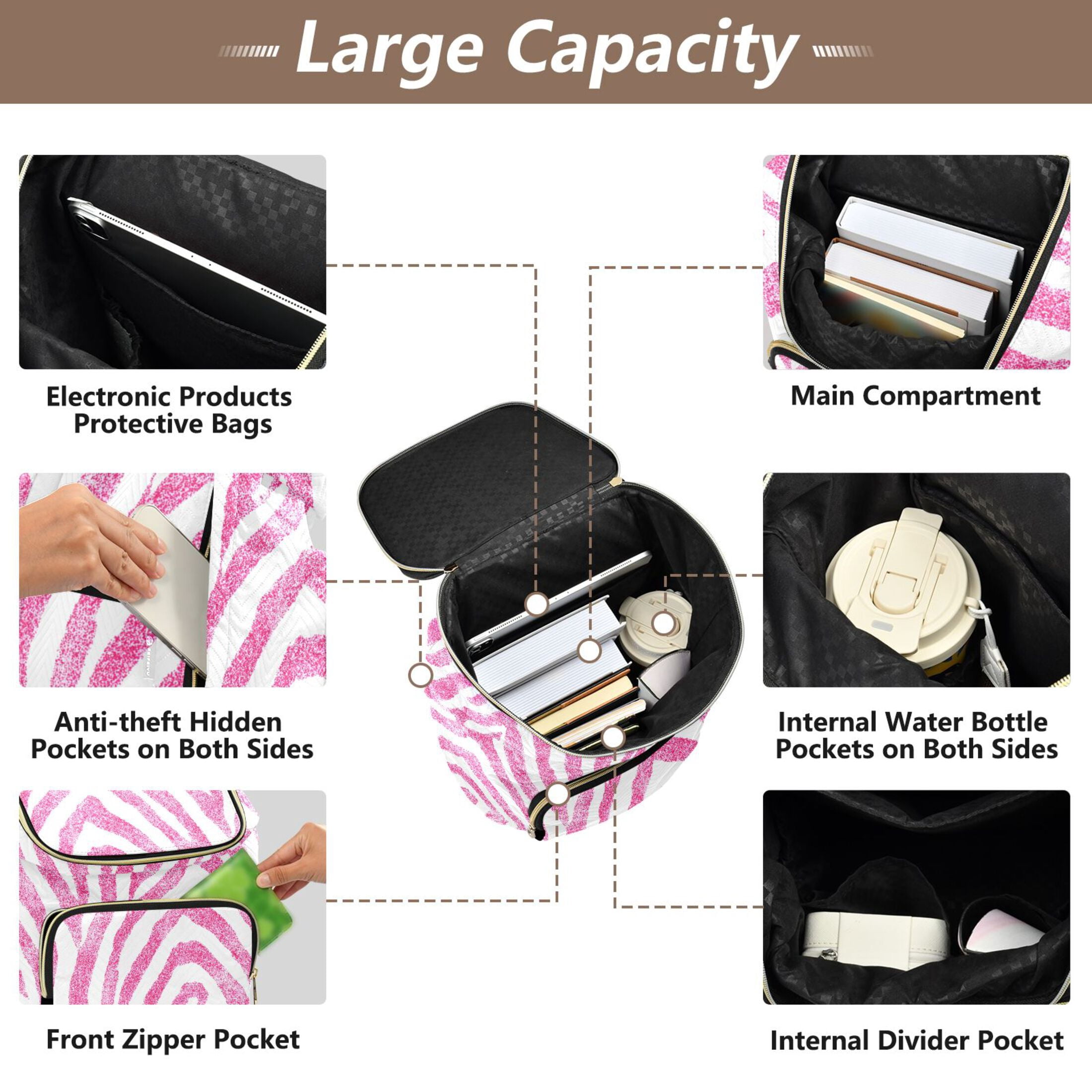 ALAZA Pink Zebras Pattern Travel Backpack Laptop Bag Large Capacity Daypack