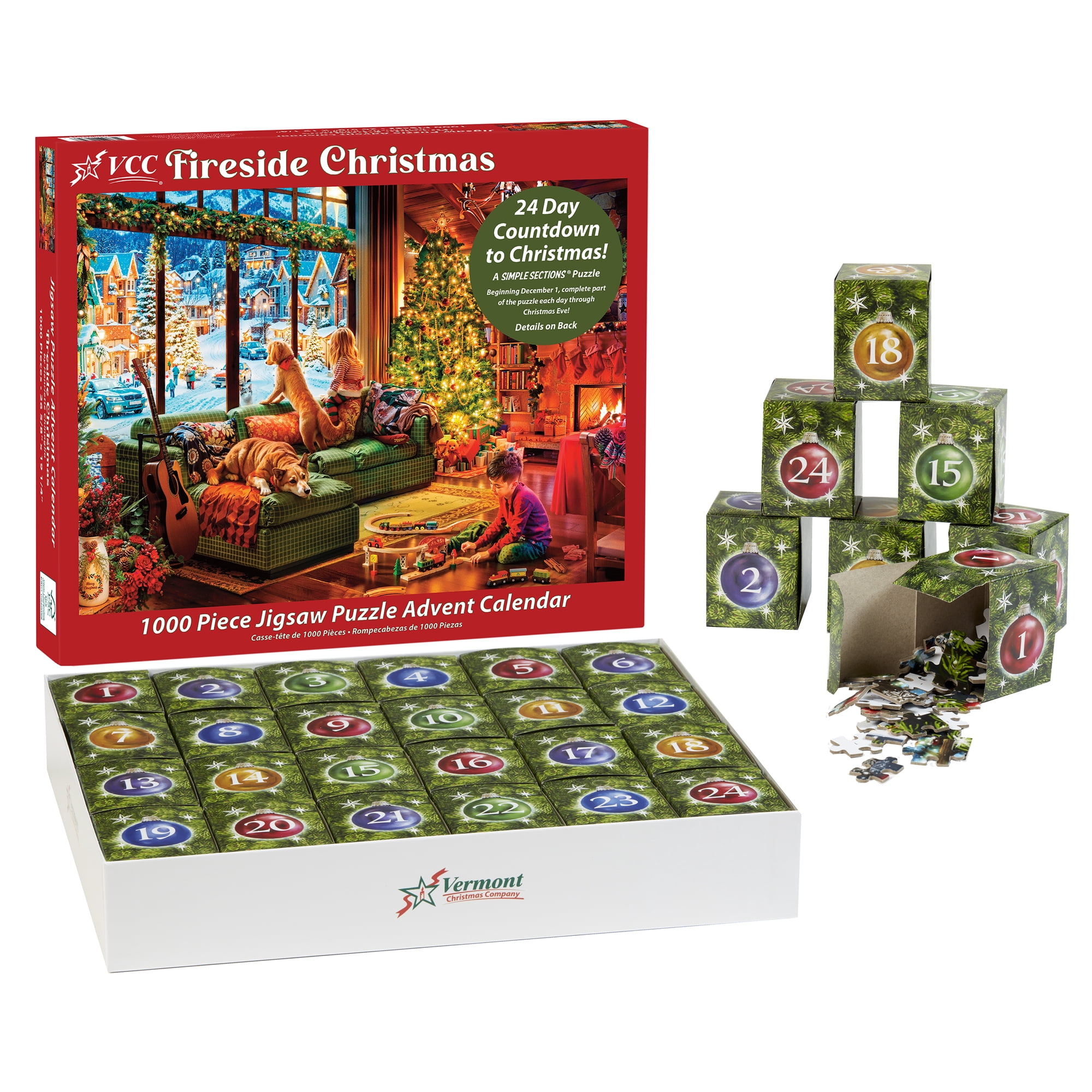 Advent Calendar Jigsaw Puzzle 1000 Pieces - Fireside Christmas Countdown Calendar - 2026 Advent Calendar - 24 Sections to Complete - A Simple Sections® Jigsaw Puzzle - Vermont Christmas Company