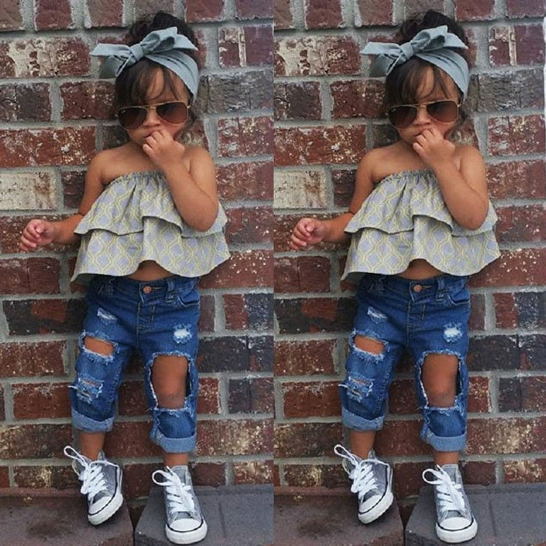 Fashion Toddler Kids Girls Off Shoulder Tops Jeans Denim Pants 2Pcs Outfits Set