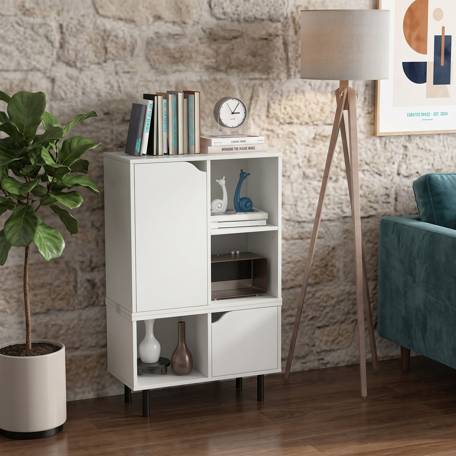 Furnibear Stackable Bookcase with Adjustable Shelf and Storage Cubes, Modern Wood Bookshelf with Enclosed Cabinet and Open Cube Display for Living Room Bedroom, White