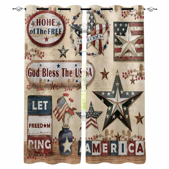 Fsddascl Farmhouse 4th of July Blackout Curtains for Bedroom/Living Room, Thermal Insulated Kitchen Curtains, American Country Star Rustic Grommet Darkening Window Treatment Drapes 52"x84"x2