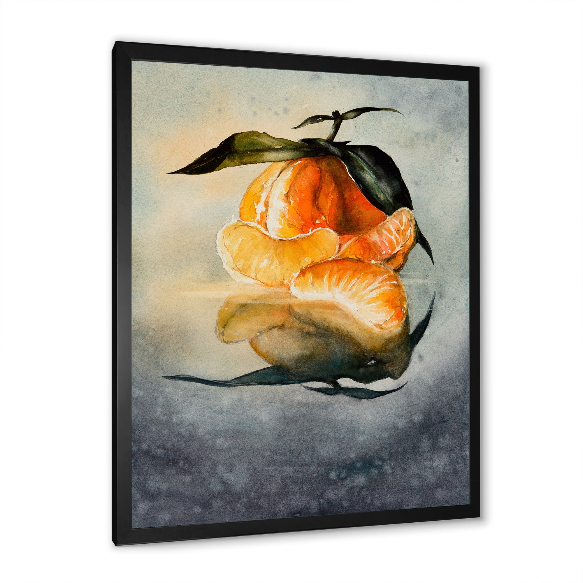 Designart 'One Peeled Fresh Orange Mandarin Under Green Leaves' Traditional Framed Art Print