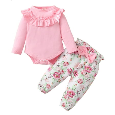 

KIMI BEAR Infant Baby Girls Romper Outfits 12 Months Infant Girls Fall Winter Clothes 18 Months Girls Ruffled Collar Long Sleeve Romper Floral Pants Headband 3PCs Set Pink