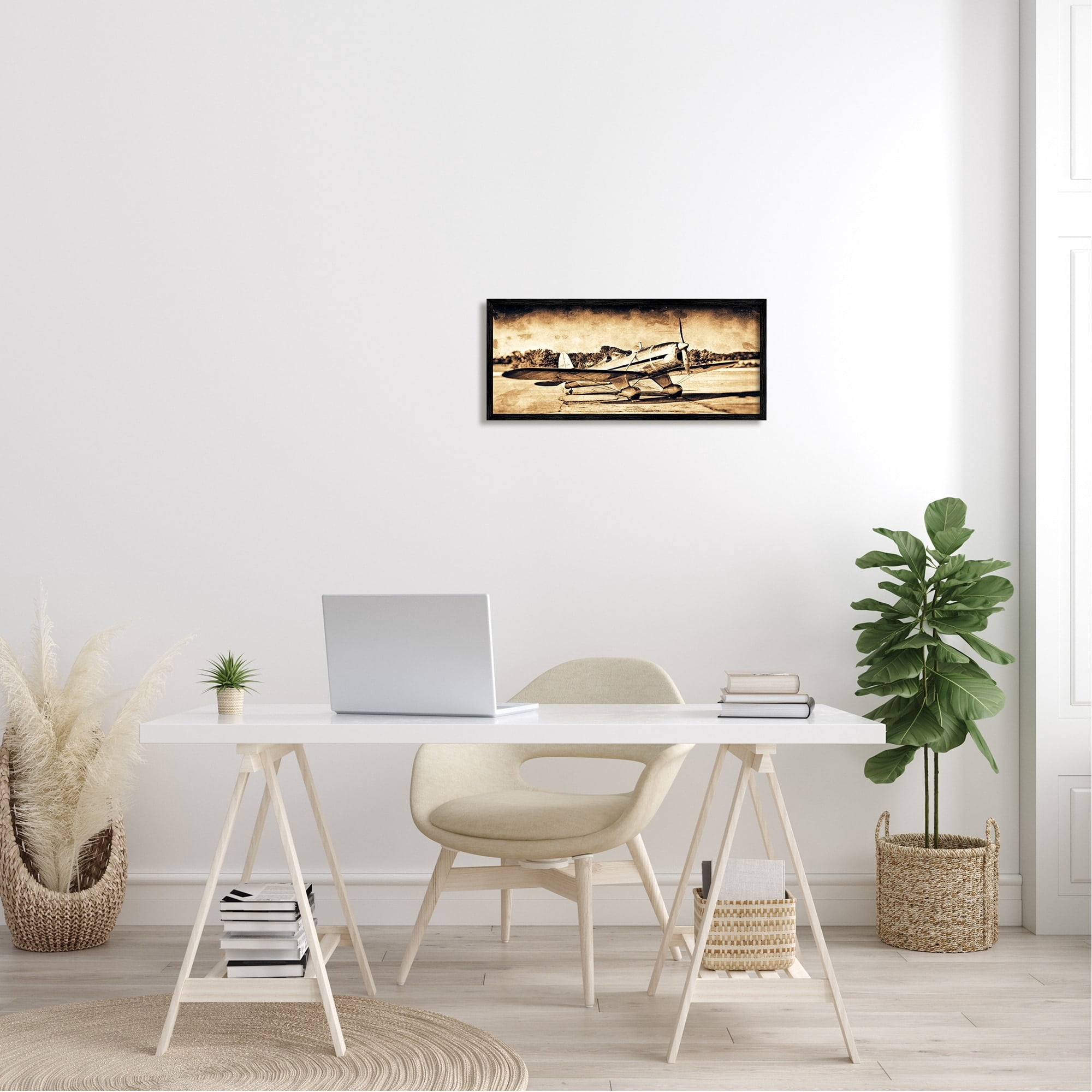 Stupell Industries Vintage Propeller Airplane Aircraft Sepia Photography Framed Wall Art, 30 x 13, Design by John Slemp