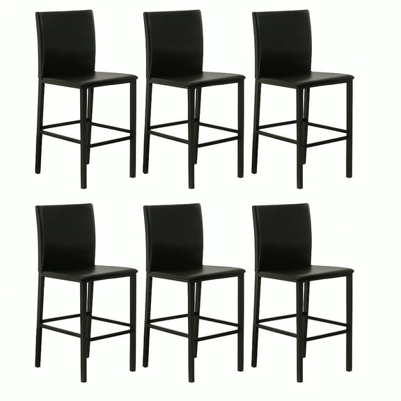 Juno 24" Counter Height Black Faux Leather Barstools w Metal Legs Set of 6