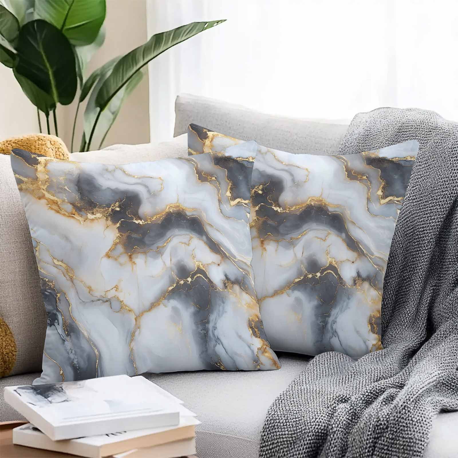 Waterproof Throw Pillow Covers Set of 2, 26x26 Inch Marble Yellow White Decorative Pillowcases Outdoor Pillow Slip Cushion Covers Set for Couch Tent Modern Abstract Art Ink Painting