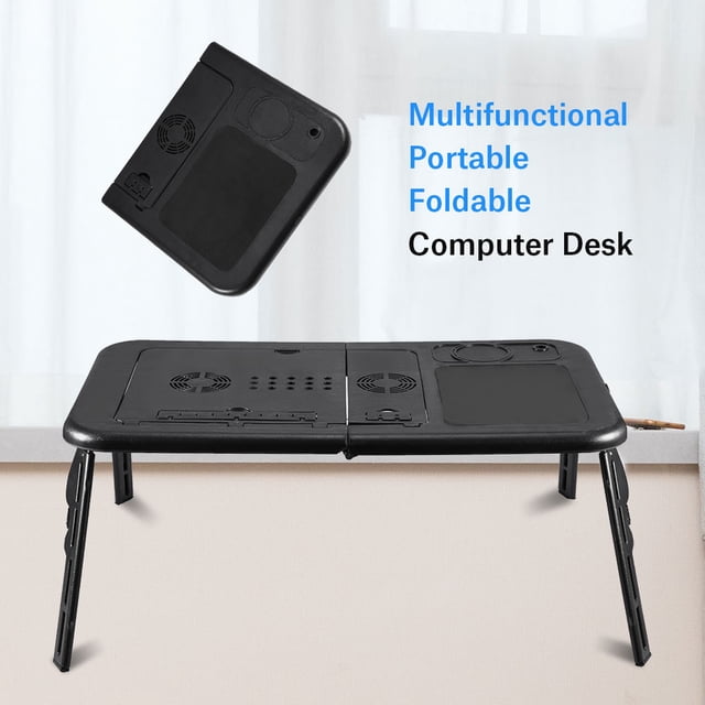 Wchiuoe Bureau Ventilateur Cool pour Ordinateur Portable, Bureau Pliant pour Ordinateur Portable, Table Pliante Portable Réglable Lit Support de Bureau pour Ordinateur Portable Cahier PC (Noir)